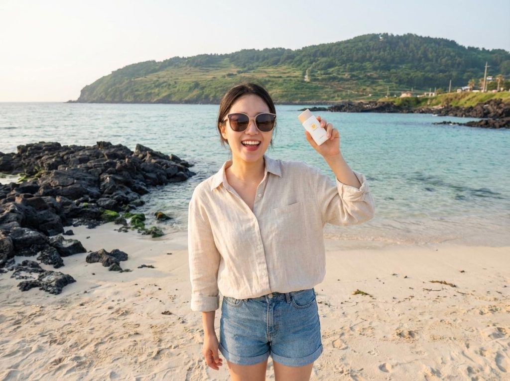 제주도 해변에서 체험단 활동하는 인플루언서